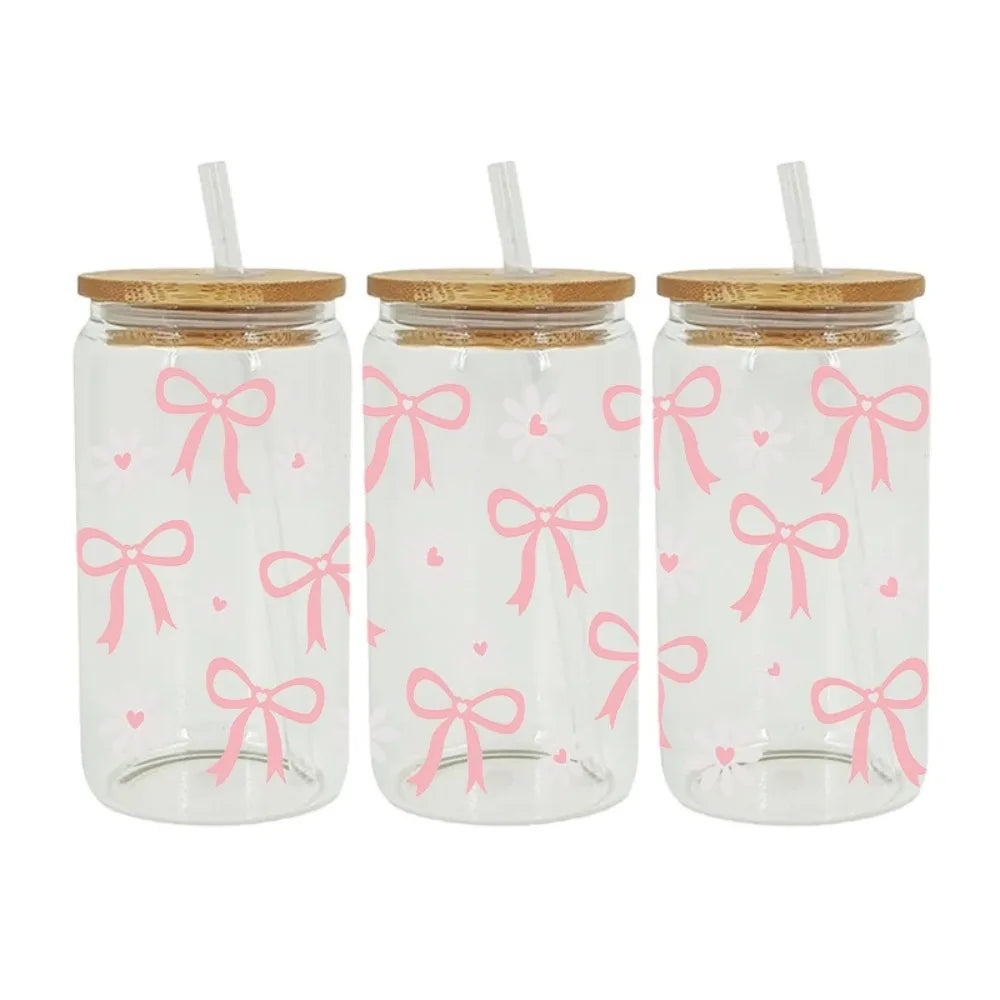 New Waterproof UV DTF Transfer Sticker Clear Smooth Pink Bow Decals Water Bottles Sticker For 16Oz Glass Cup Peaceful Pleasures Health and Wellness