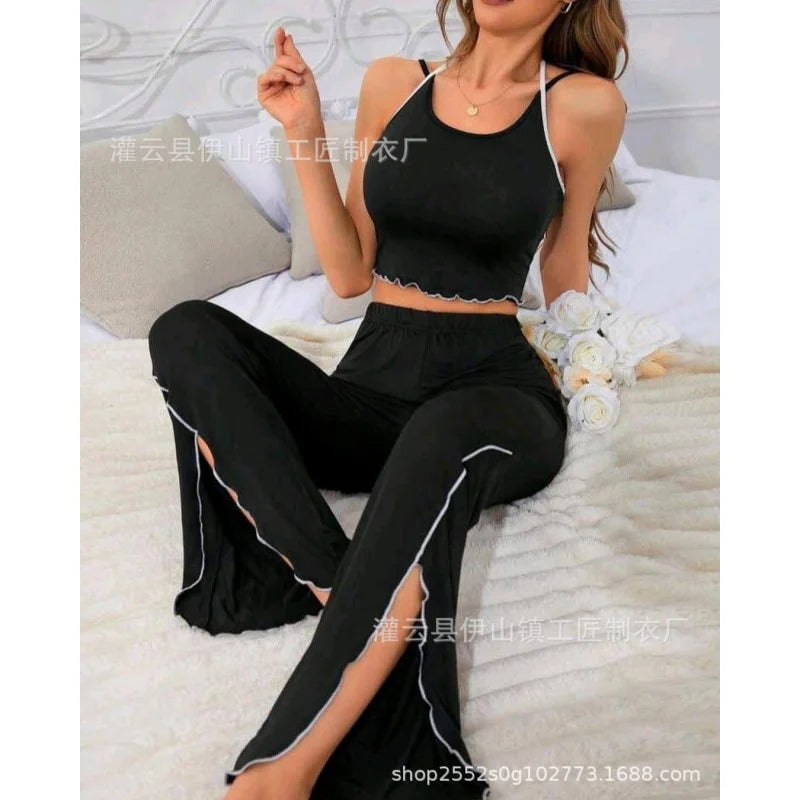 New summer women's pajama set with camisole and slit flared pants, fashionable European and American style thin pajama set Peaceful Pleasures Health and Wellness