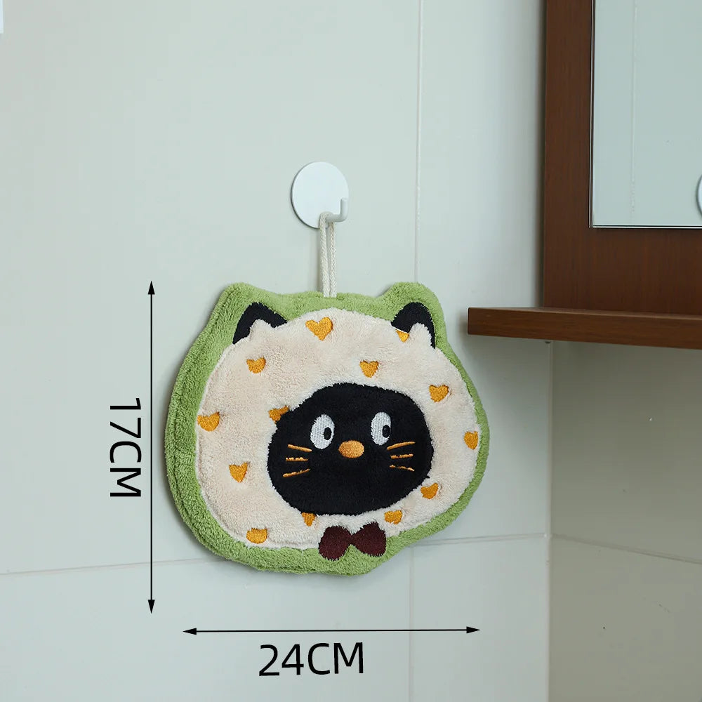 Coral Velvet Cartoon Hanging Hand Towel – Super Absorbent Hanging Hand Towel Peaceful Pleasures Health and Wellness green kitten
