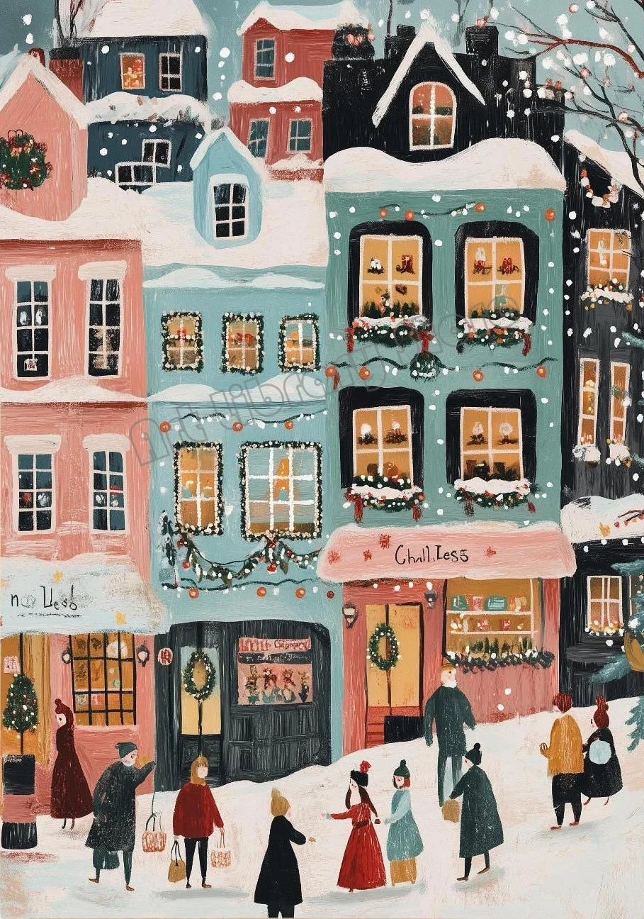 Snowy Christmas Village Canvas Wall Art | Unframed Holiday Print