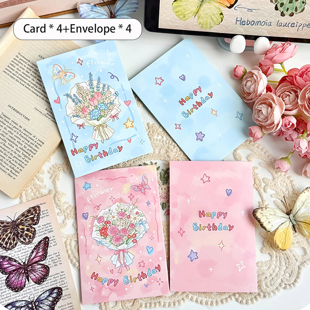 4 Sets Cartoon Flower Greeting Cards Envelopes 3D Foldable Blessing