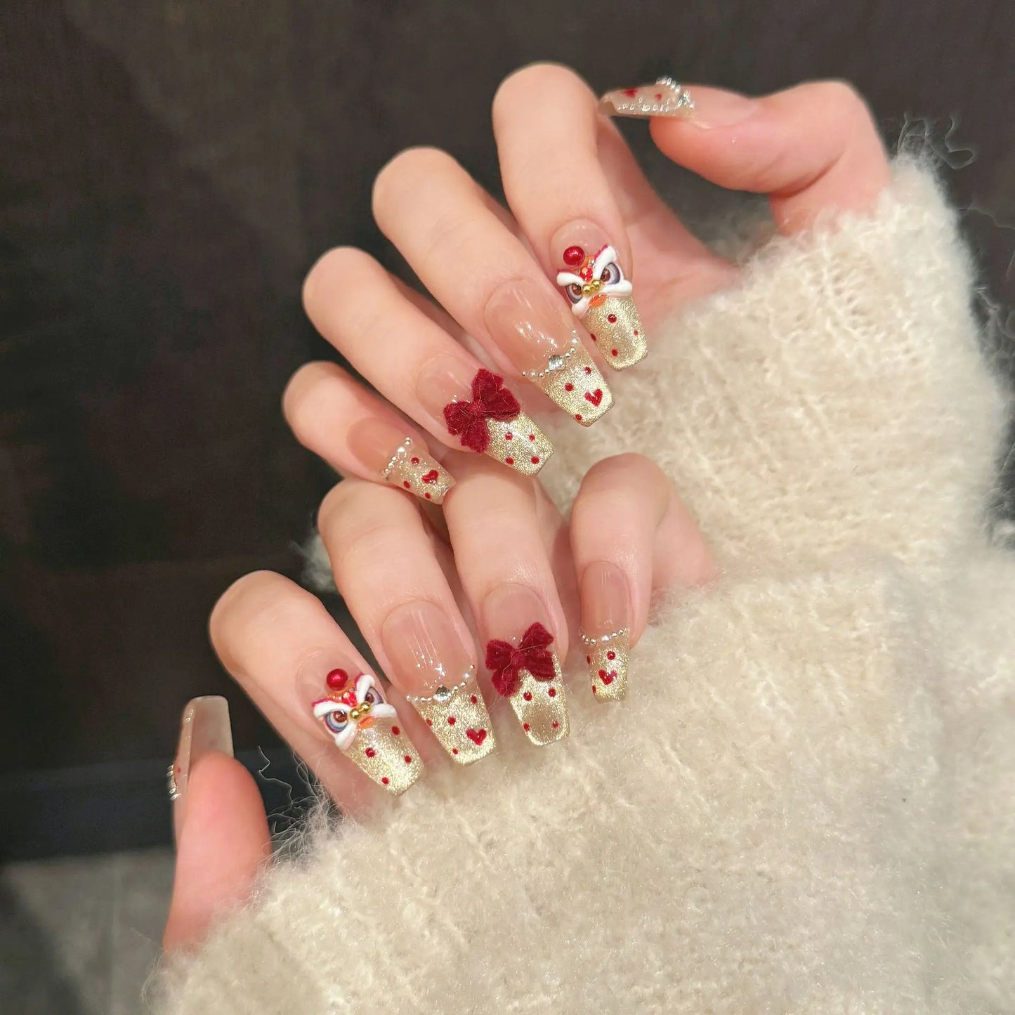 Handmade New Year Press on Nails Shiny Gold Powder Lucky Lion False Nails Wearable Full Cover French Cat Eye Fake Nail Tips Peaceful Pleasures Health and Wellness M 2