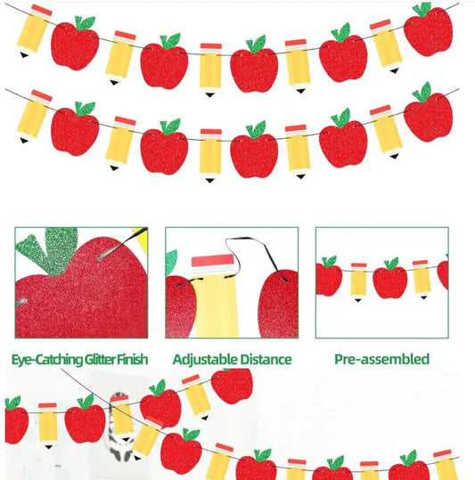 Glitter Apple & Pencil Banner – Back to School Classroom Decor Party Bunting Banner Oasis Select