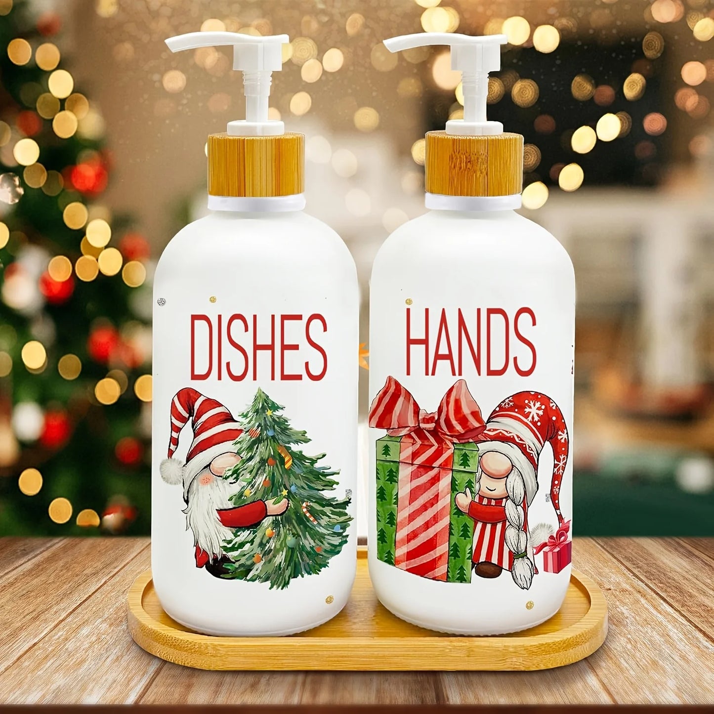 Christmas Gnome Soap Dispenser Set of 2 with Tray – Festive Xmas Kitchen & Bathroom Holiday Decor