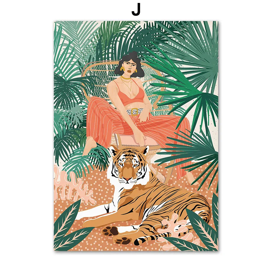 Colorful Fashion Girl Tiger Rainbow Leaves Wall Art Canvas Print Painting Abstract Poster Pictures for Living Room Home Deco Peaceful Pleasures Health and Wellness