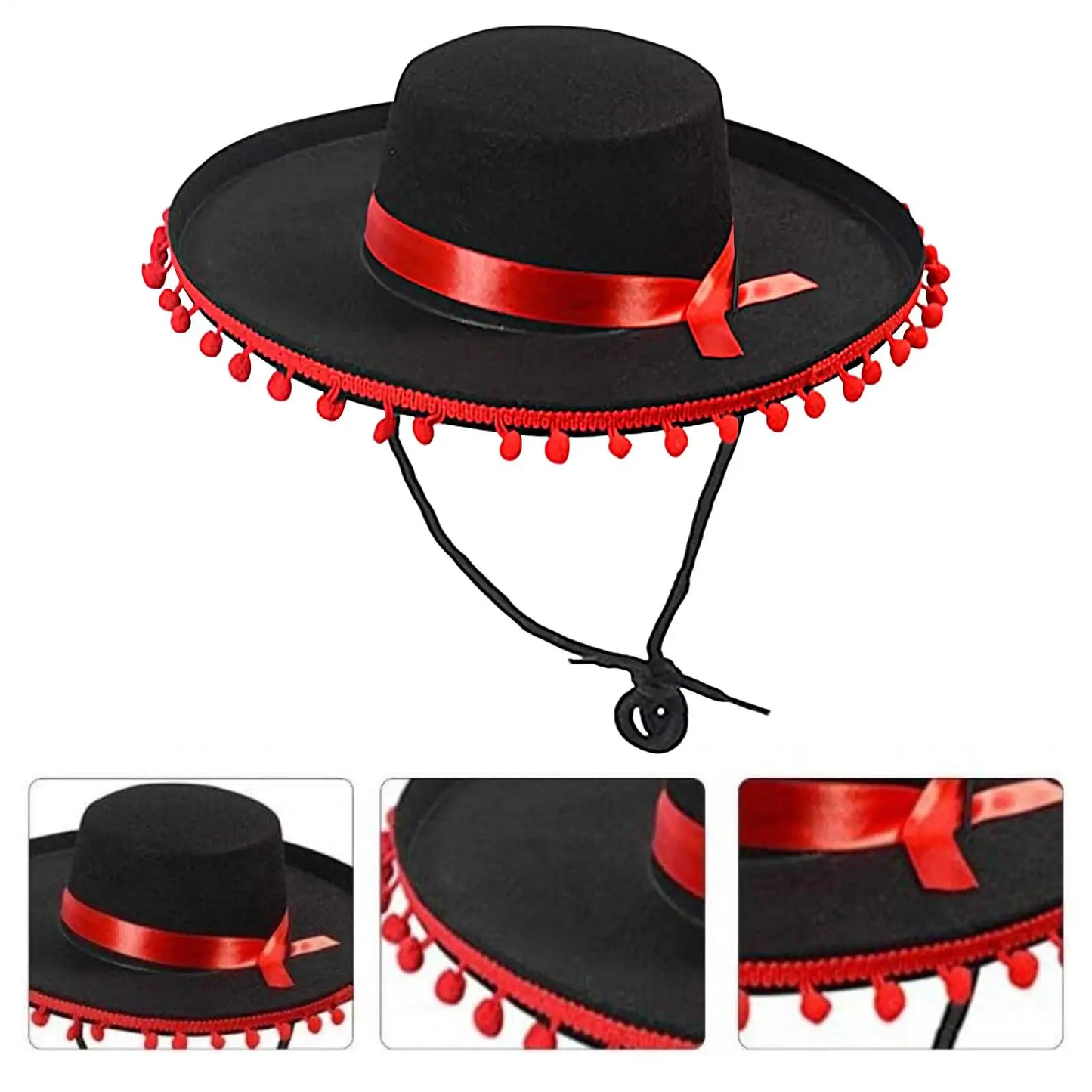 Mexican Sombrero Hat – Wide Brim Costume with Pom-Poms