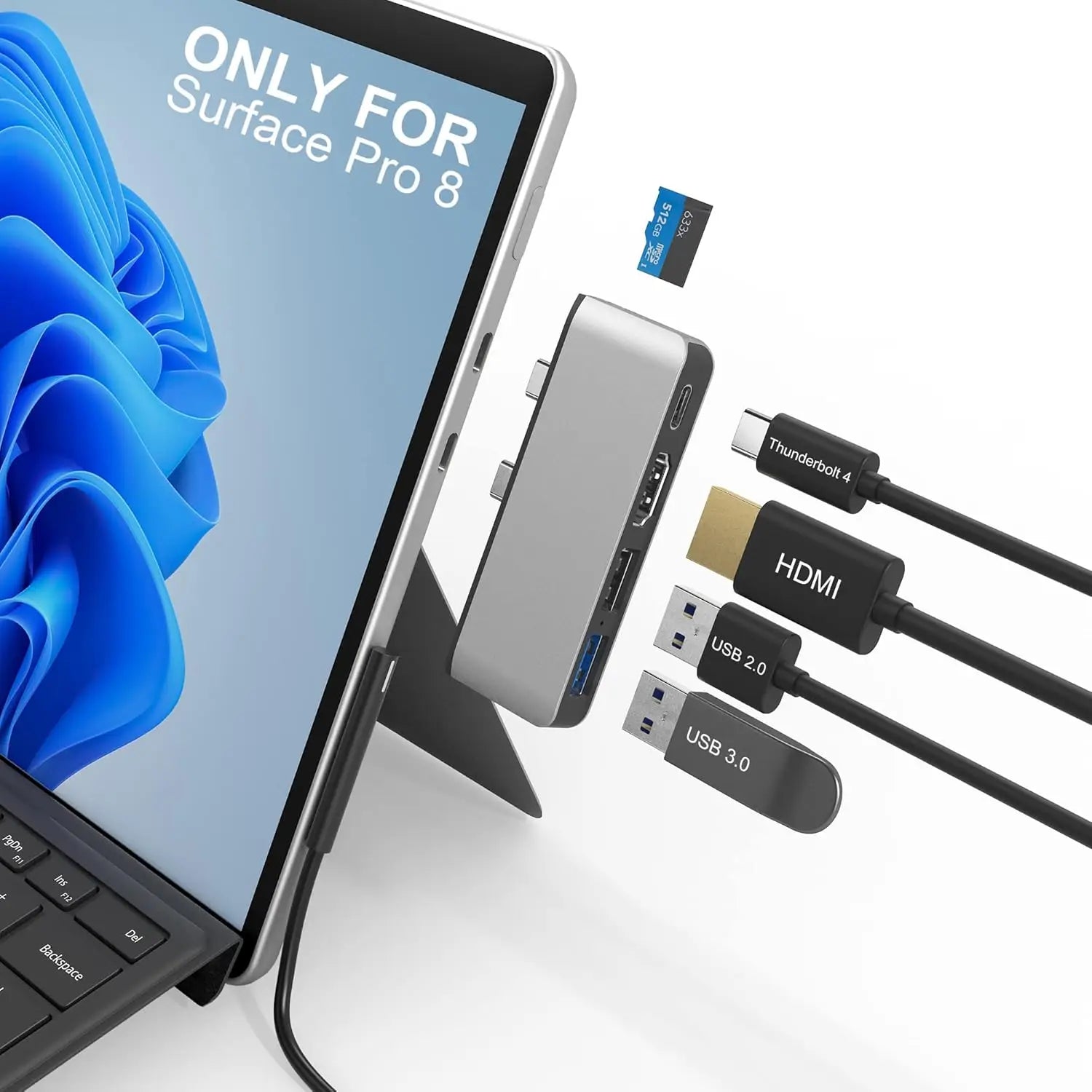 USB-C hub with multiple cables attached to a Surface Pro 8 device on a white background