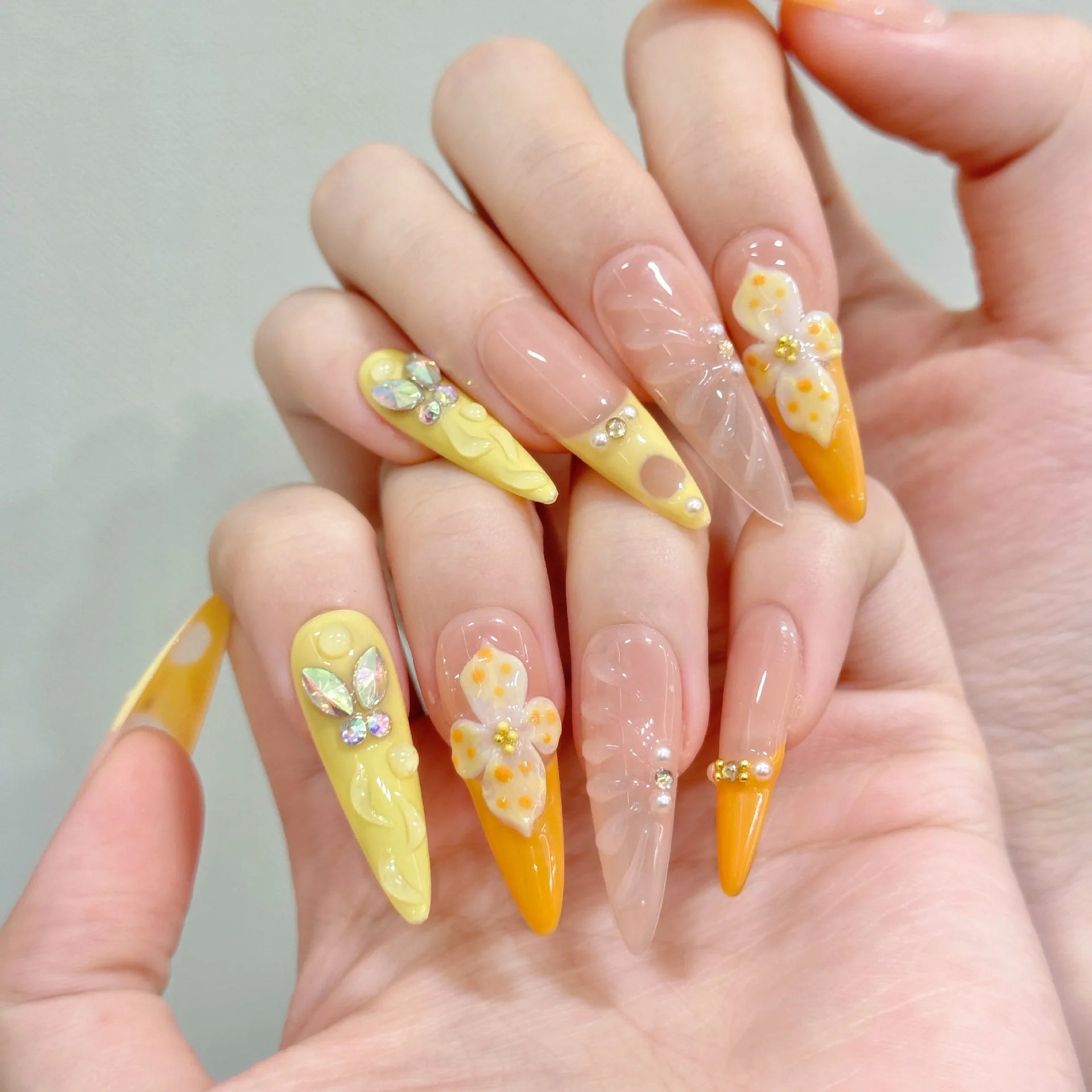 10pcs Handmade Summer Press on Nails Sweet 3d Carved Flower False Nails Wearable Full Cover Ins Long Almond False Nail Tips Peaceful Pleasures Health and Wellness