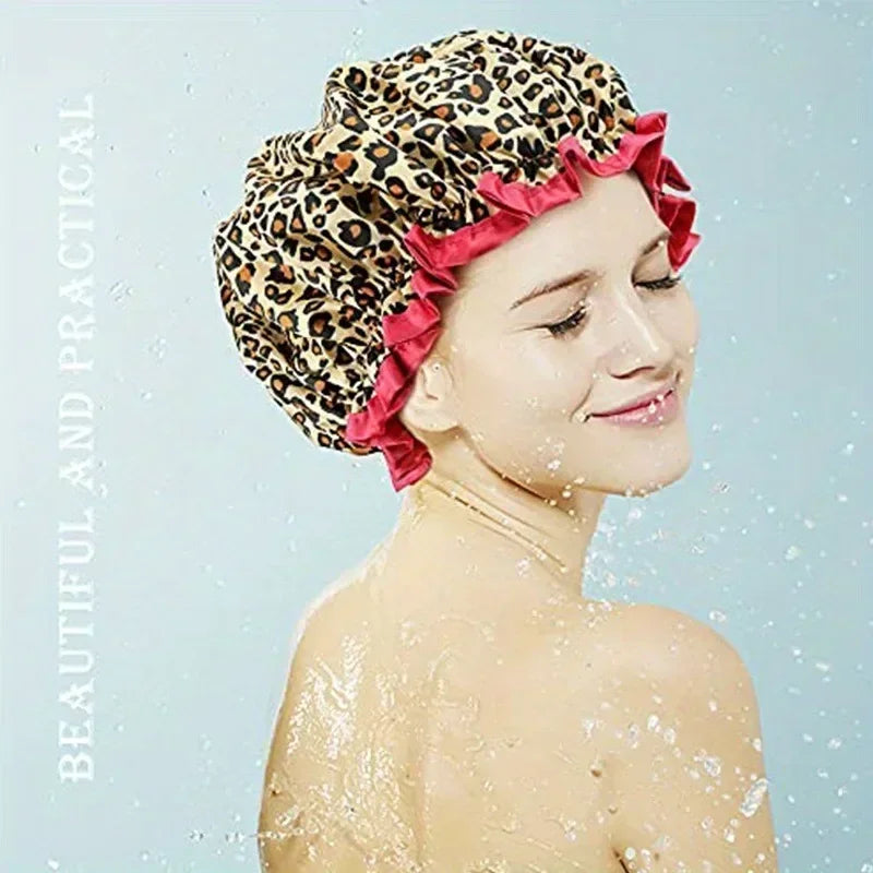 Waterproof Double Layer Shower Cap – Leopard & Polka Dot