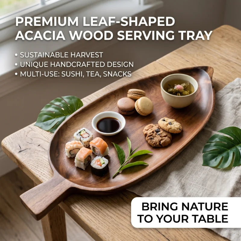 Japanesestyle High-looking Wooden Tray Afternoon Tea Snack Sushi Plating Leaf-shaped Plate Acacia Wood Tea Tray Dining Accessory Peaceful Pleasures Health and Wellness