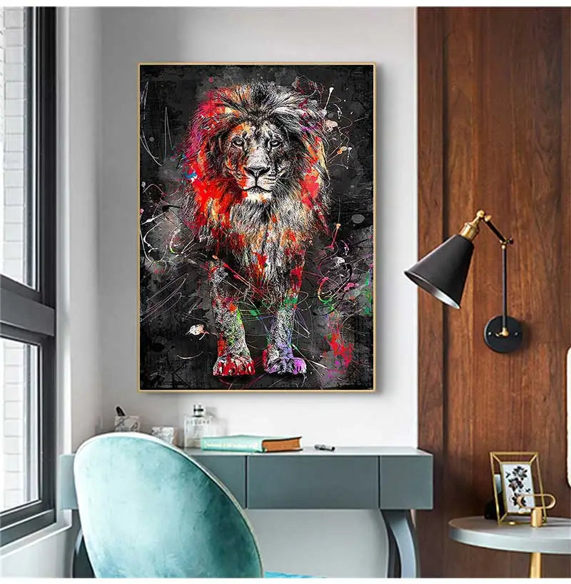 Abstract Colorful Lion Canvas Wall Art | Modern Animal Print