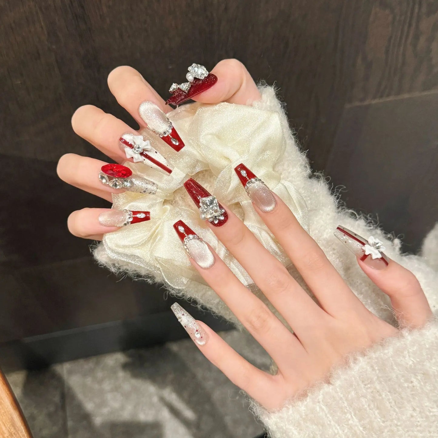 Handmade Long Ballet Press on Nails New Year Red French Fake Nail Patches 3d Bow Crystal Design Shiny Cat Eye False Nail Tips Peaceful Pleasures Health and Wellness