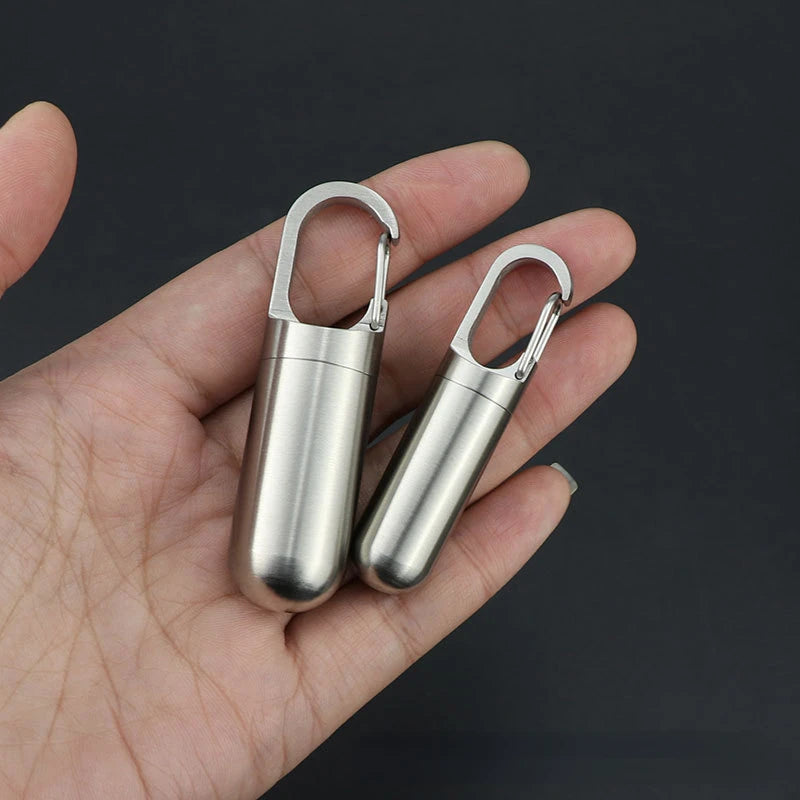 Portable Mini Stainless Steel Sealed Capsule Waterproof Pill Box Camping Firstaid Pendant Travel Outdoor Portable Pill Case Peaceful Pleasures Health and Wellness
