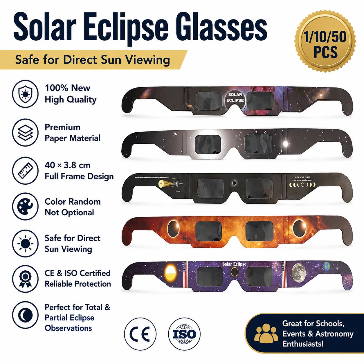 Solar Eclipse Glasses CE & ISO Certified | 1, 10 or 50 Pack