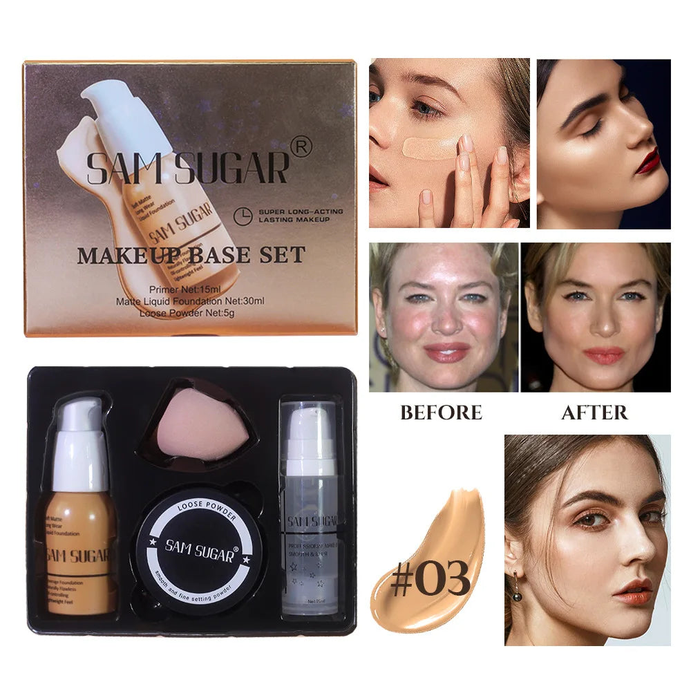 SAM SUGAR Makeup Base Set – Primer, Foundation & Loose Powder