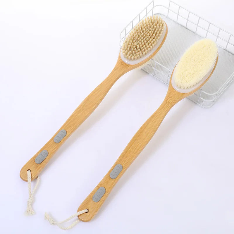 Shower brush with soft and hard bristles, double sided long handle, back scrub body exfoliator, suitable for both wet and dry us Peaceful Pleasures Health and Wellness grey