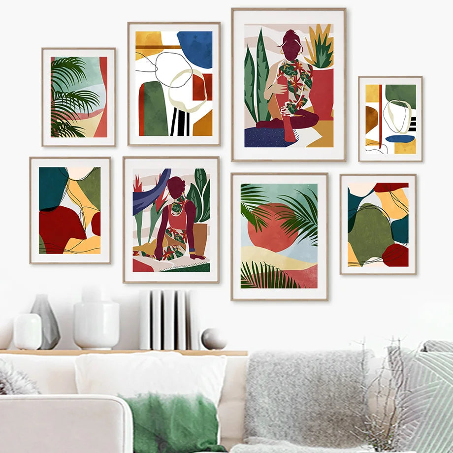 Boho Tropical Canvas Wall Art | Abstract Woman & Palm Leaf Print