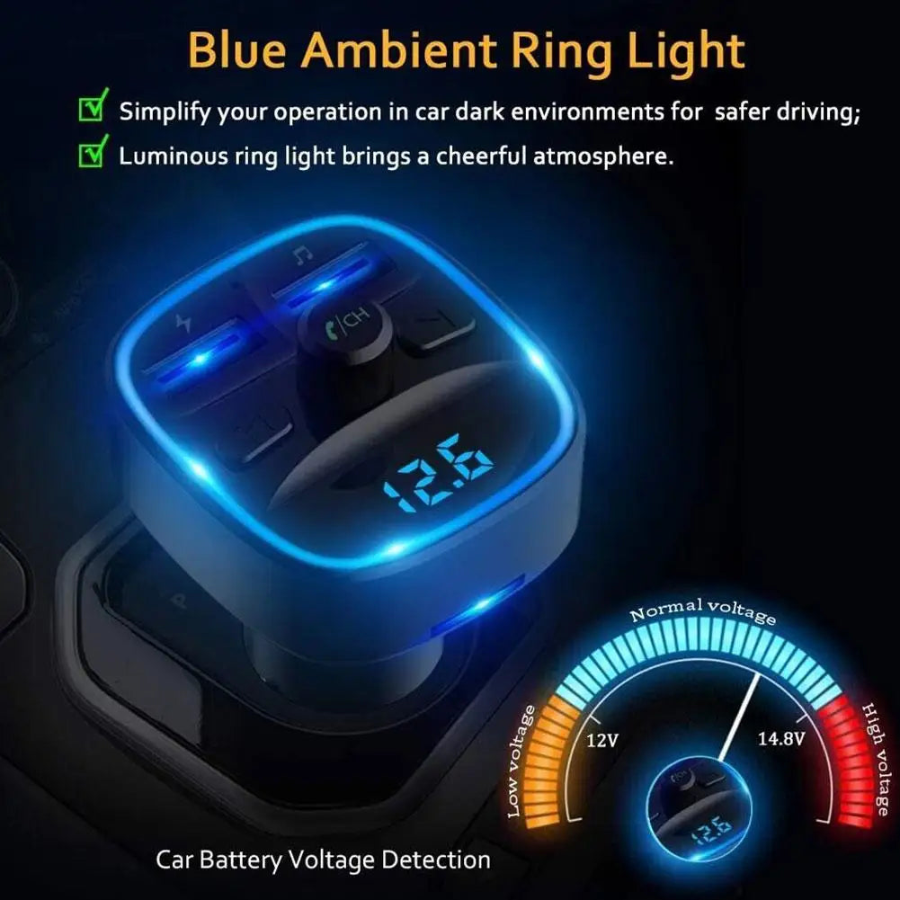 Bluetooth 5.0 Dual USB Port Charging Hands-free Calling Blue LED Light Fast Charging FM Transmitter Car Adapter Car Accessories Peaceful Pleasures Health and Wellness
