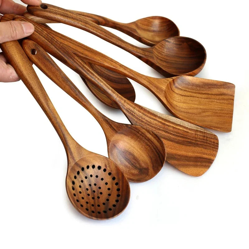 7pcs/set Teak Natural Wood Tableware Spoon Ladle Turner Rice Colander Soup Skimmer Cooking Spoon Scoop Kitchen Reusable Tool Kit Peaceful Pleasures Health and Wellness