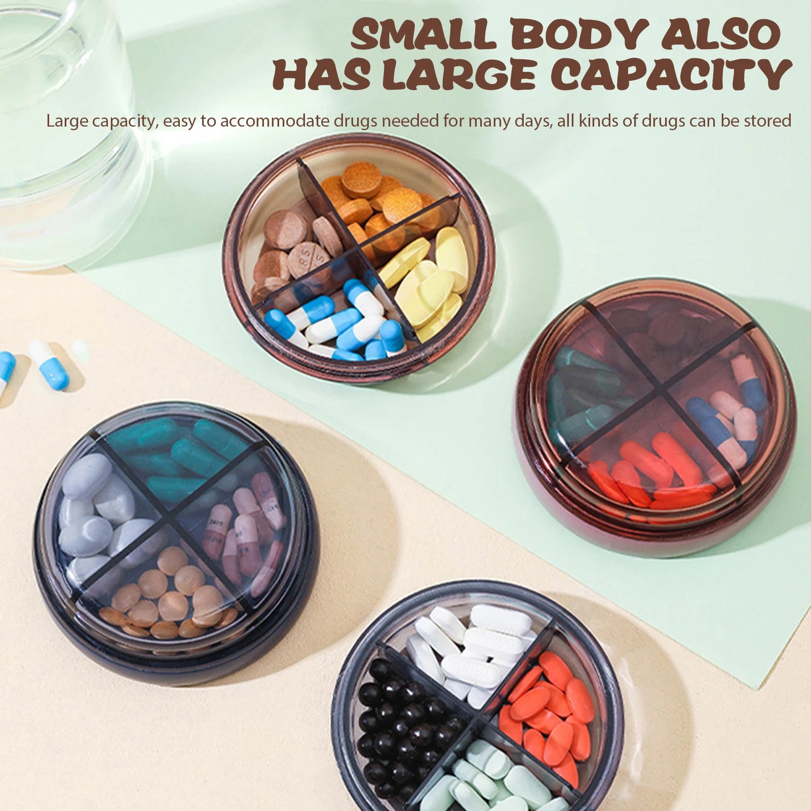 Double compartment pill box Mini portable sealed pill box Dustproof and moisture-proof large-capacity pill carry-on storage box Peaceful Pleasures Health and Wellness