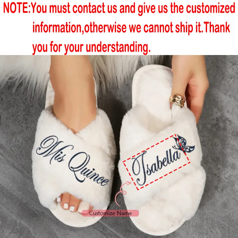 Personalized Mis Quince Fluffy Slippers | Quinceanera Gift Personalized Party Slippers Peaceful Pleasures Health and Wellness custom slippers 36-37