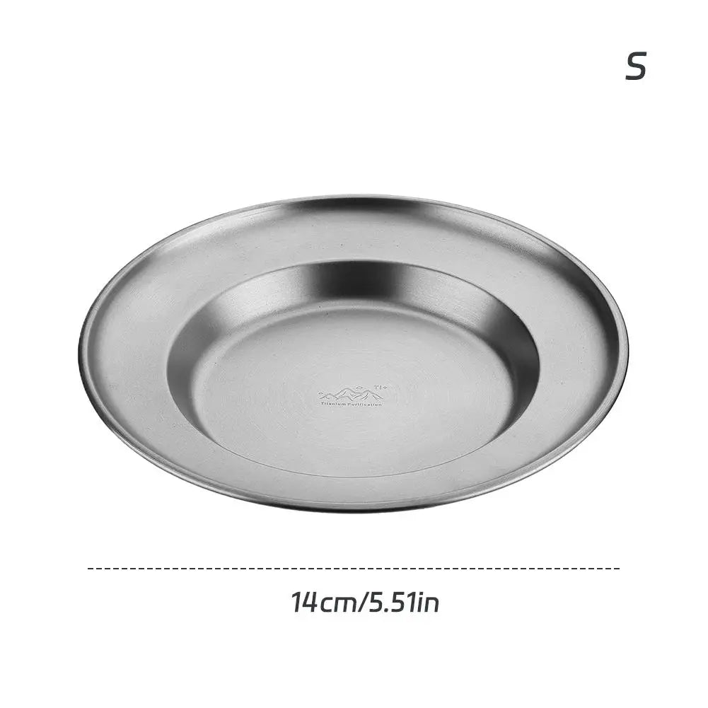 Outdoor Camping Steak Pizza Fruit Cake Snack Deep Disc Anti-overflow Plate Titanium Purified Stainless Steel Dinner Plate Set Peaceful Pleasures Health and Wellness 14cm