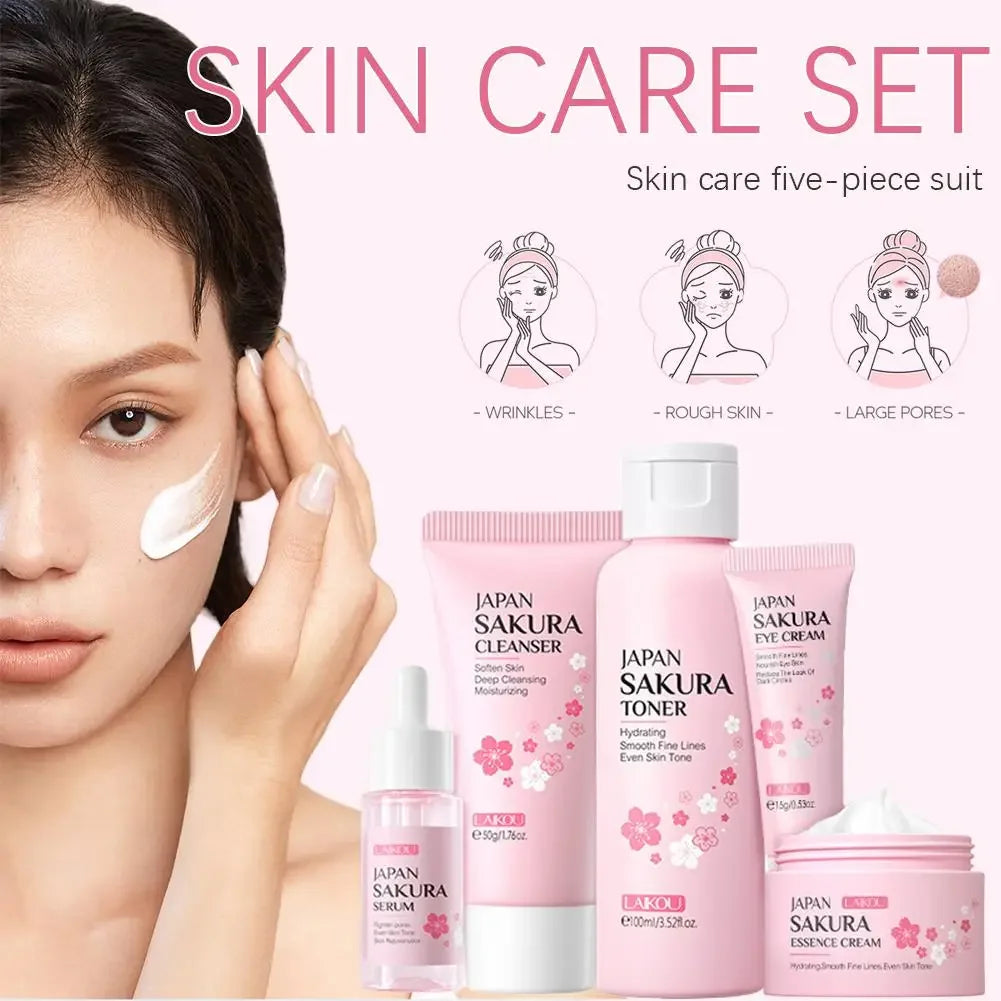 5pcs Skin Care Set Sakura Essence Skin Care Gift Sets With Cleanser,Toner,Serum,Eye Cream, Moisturizing Smooth Wrinkles Skincare Peaceful Pleasures Health and Wellness