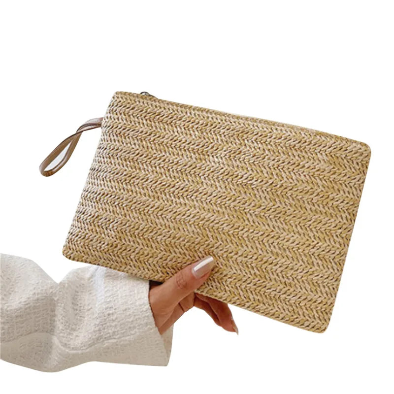 Clutch Bag for Women Handmade Backpack Fashion Ladies Wristlet Girl Phone Solid Straw Woven Coin Purse Beach Wallet Fresh Sweet Peaceful Pleasures Health and Wellness Khaki