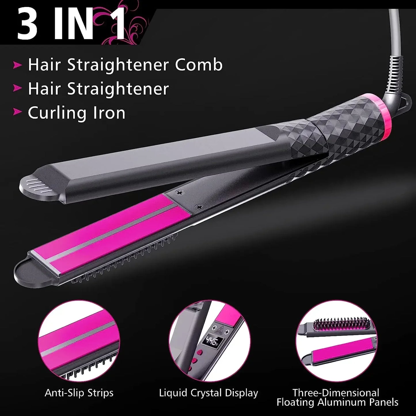 Women's 3-in-1 Hair Straightener Curling Flat Iron Electric Hot Comb Ceramic Ionic Fast Heating Hair Brush Peaceful Pleasures Health and Wellness