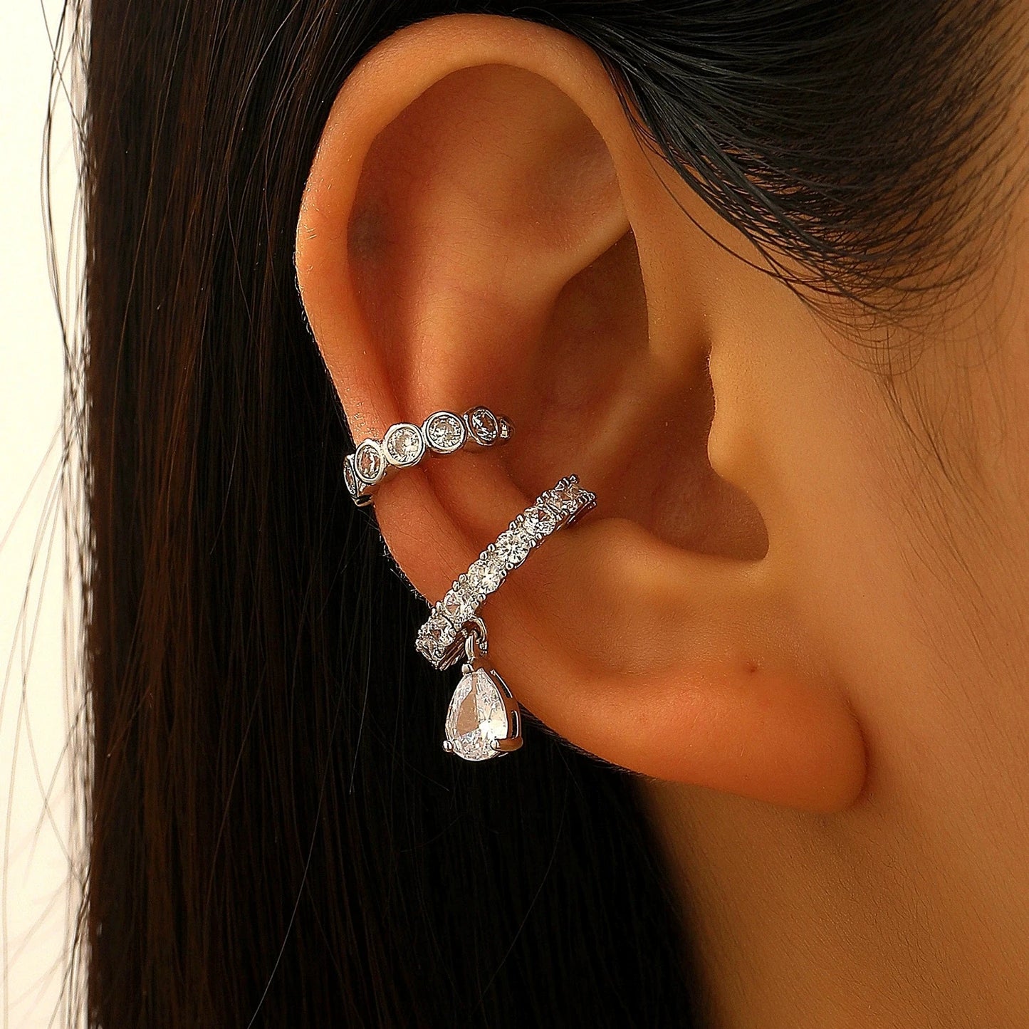 New Zircon Ear Clips Without Ear Holes Niche Light Luxury High End Feeling C Shaped Ear Bone Clip Snowflake Water Droplet Tassel Peaceful Pleasures Health and Wellness 01