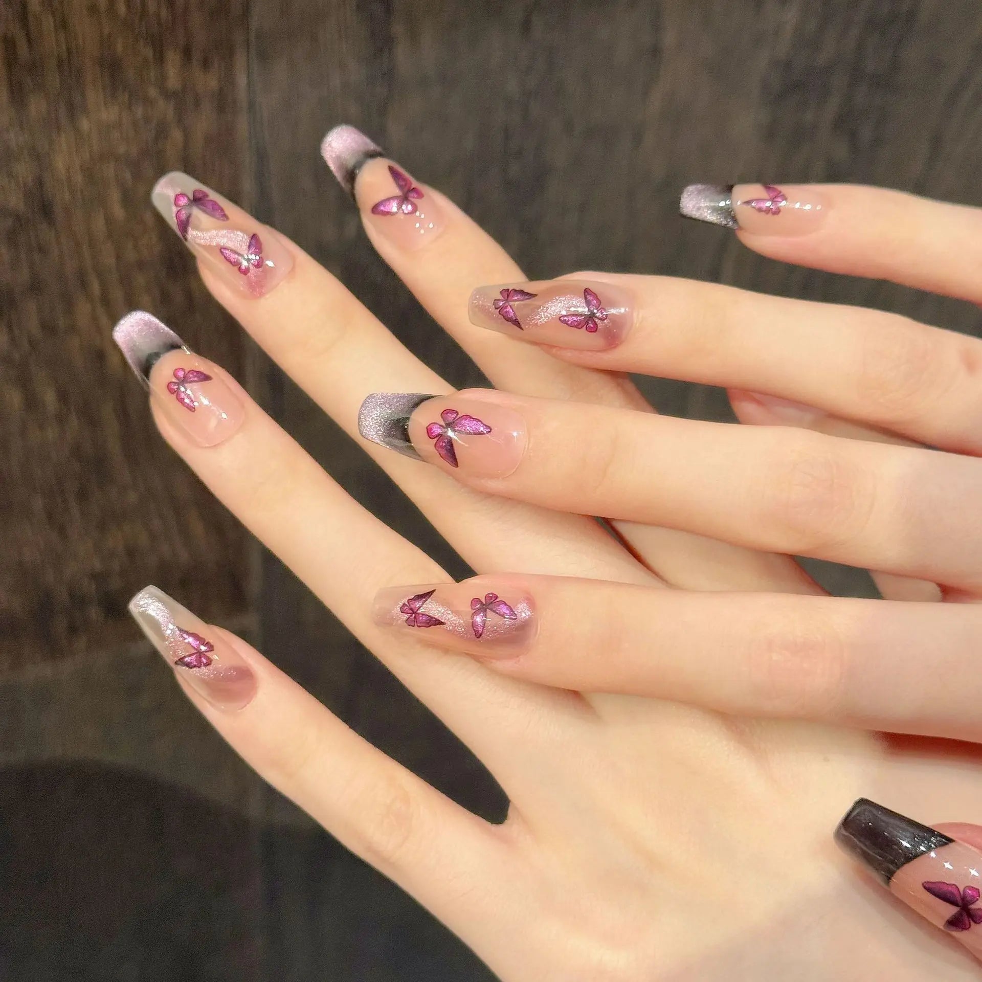 10pcs Handmade Rose Purple French Cat's Eye Press on Nails Glitter Butterfly Designs Fake Nails Wearable Ins Short False Nails Peaceful Pleasures Health and Wellness