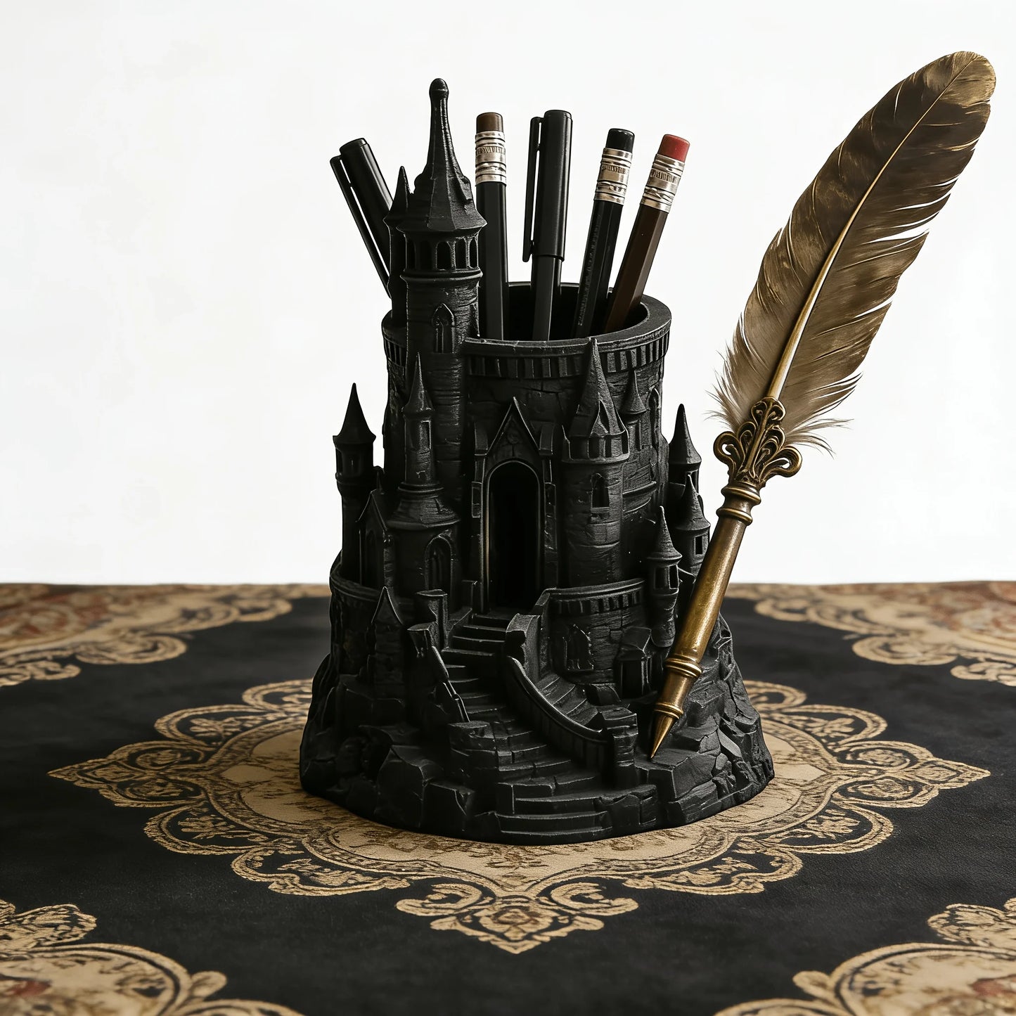1-Piece Dark Castle-Shaped Pen Holder 3D Printed Vintage Architectural Pen Container Desk Organizer Decoration Student Designer Gift Magic Academy Castle Pen Holder Black Vintage Pen Container Niche Gift Peaceful Pleasures Health and Wellness
