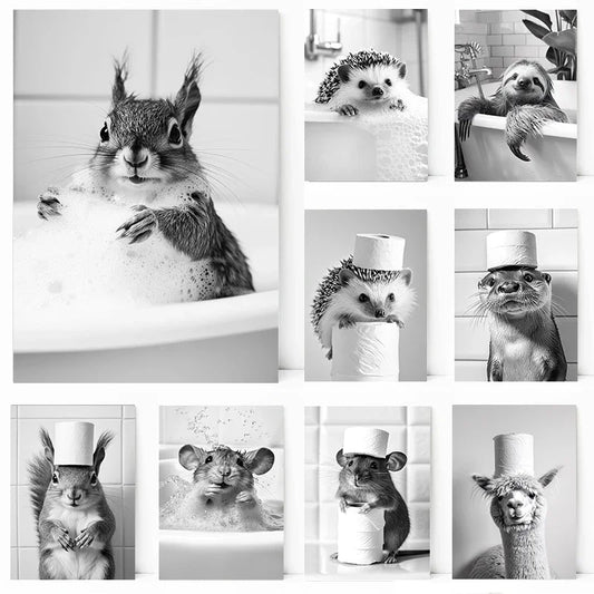 Black & White Cute Animal Toilet Paper Canvas Wall Art Poster Canvas Wall Art Peaceful Pleasures Health and Wellness