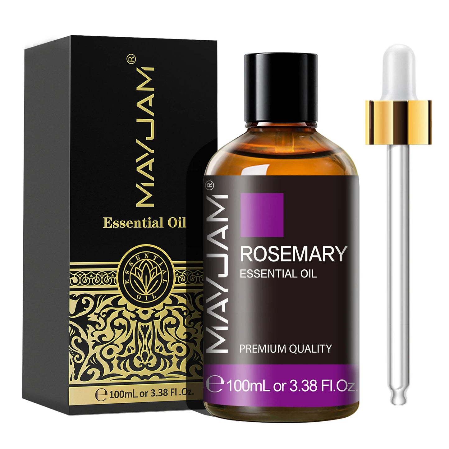 MayJam Rosemary Essential Oil bottle with packaging on a white background