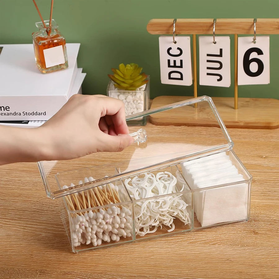 Clear 3-Compartment Bathroom Organizer – Cotton Ball, Swab & Vanity Makeup Storage Container