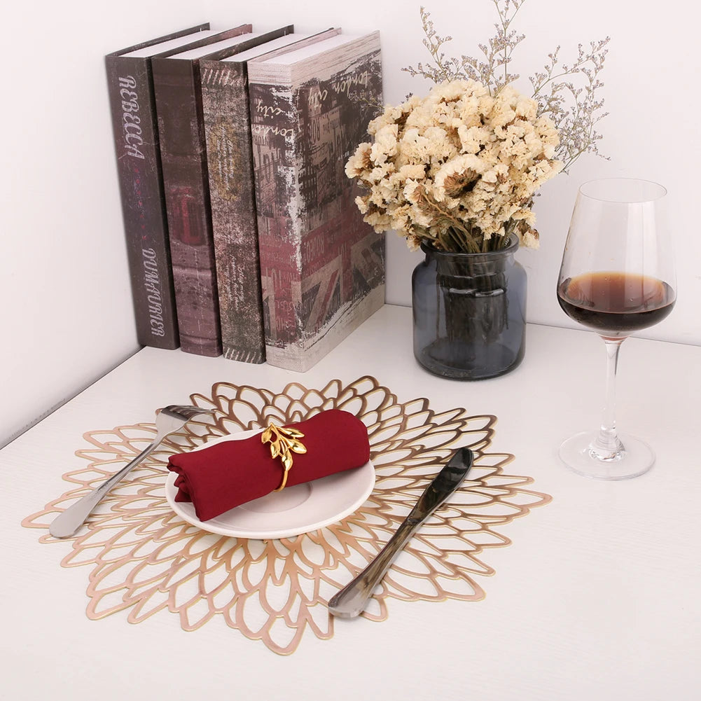 4/6 Pack 38CM/10CM Gold Floral Leaf Hollow Out Placemats Vinyl Kitchen Dinning Table Place Mats Wedding Party Washable Decor Peaceful Pleasures Health and Wellness