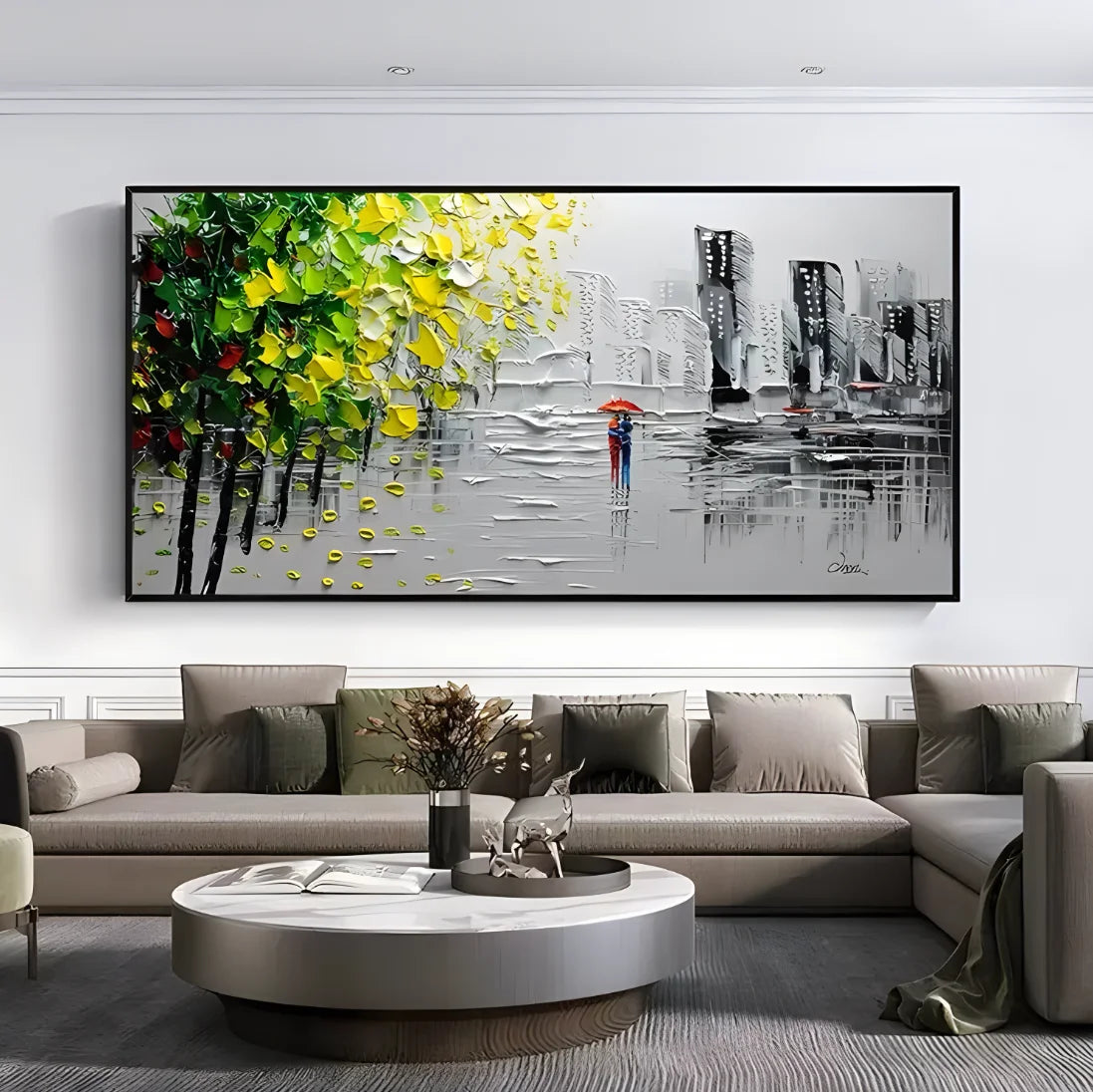 Large-scale Hand-painted Acrylic Knife Painting, Popular Street View, Black, White, Yellow, Green, Modern, Abstract, Thick Oil Peaceful Pleasures Health and Wellness