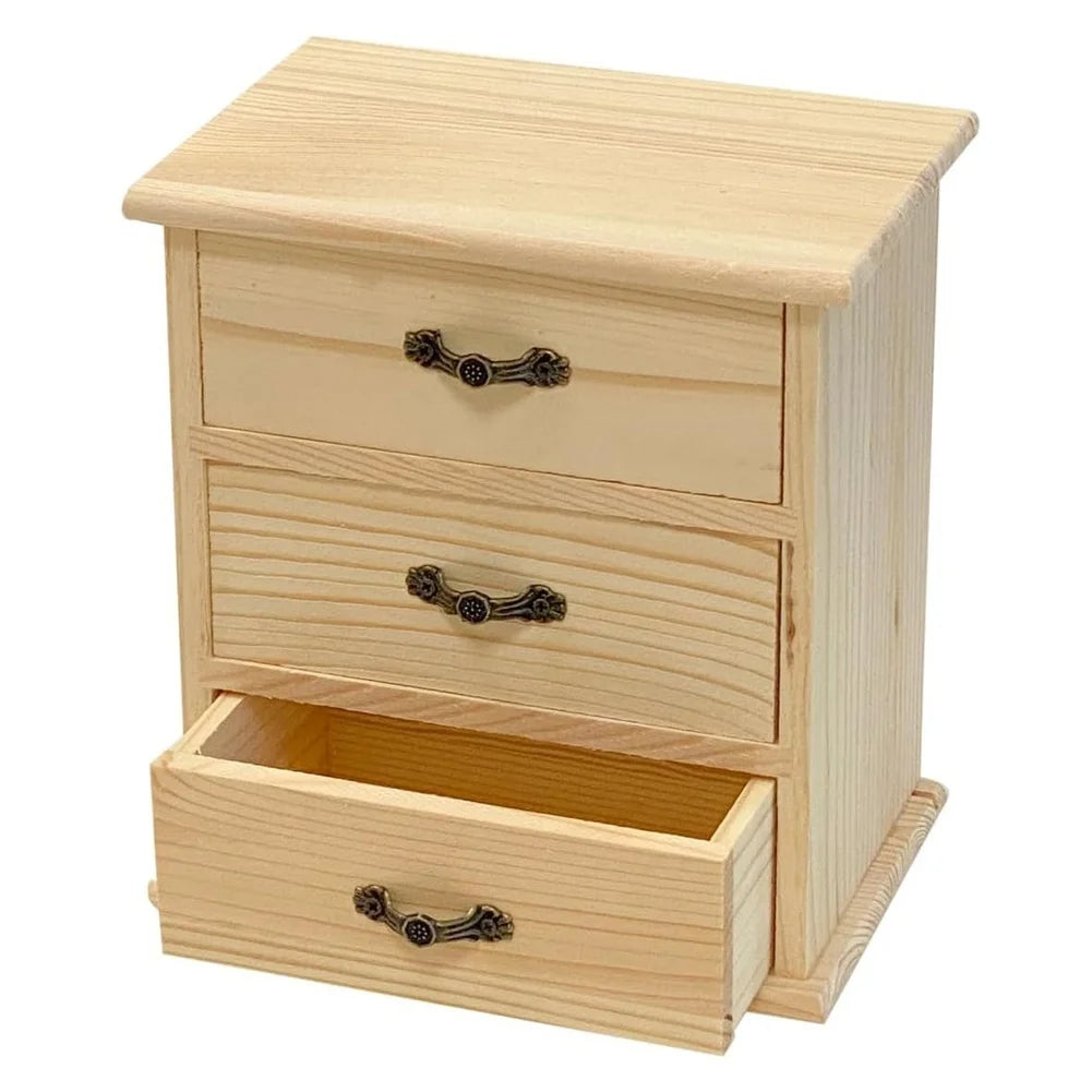 Three Drawer Wooden Jewelry Box DIY Craft Storage Organizer Desktop