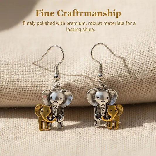 Mother & Baby Elephant Dangle Earrings | Two-Tone Vintage Drop