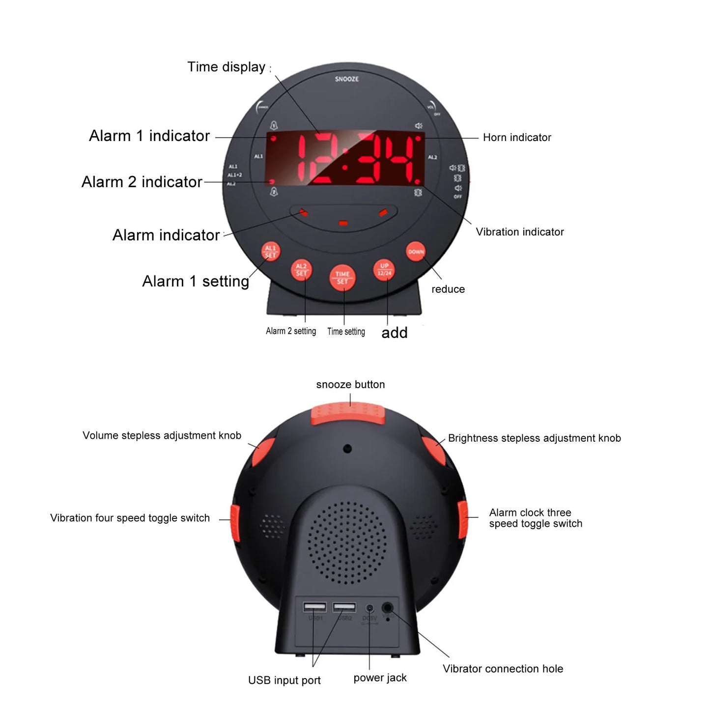 Alarm Clock Shaker 110 Decibels Red Flashing Light Extra Student Elder