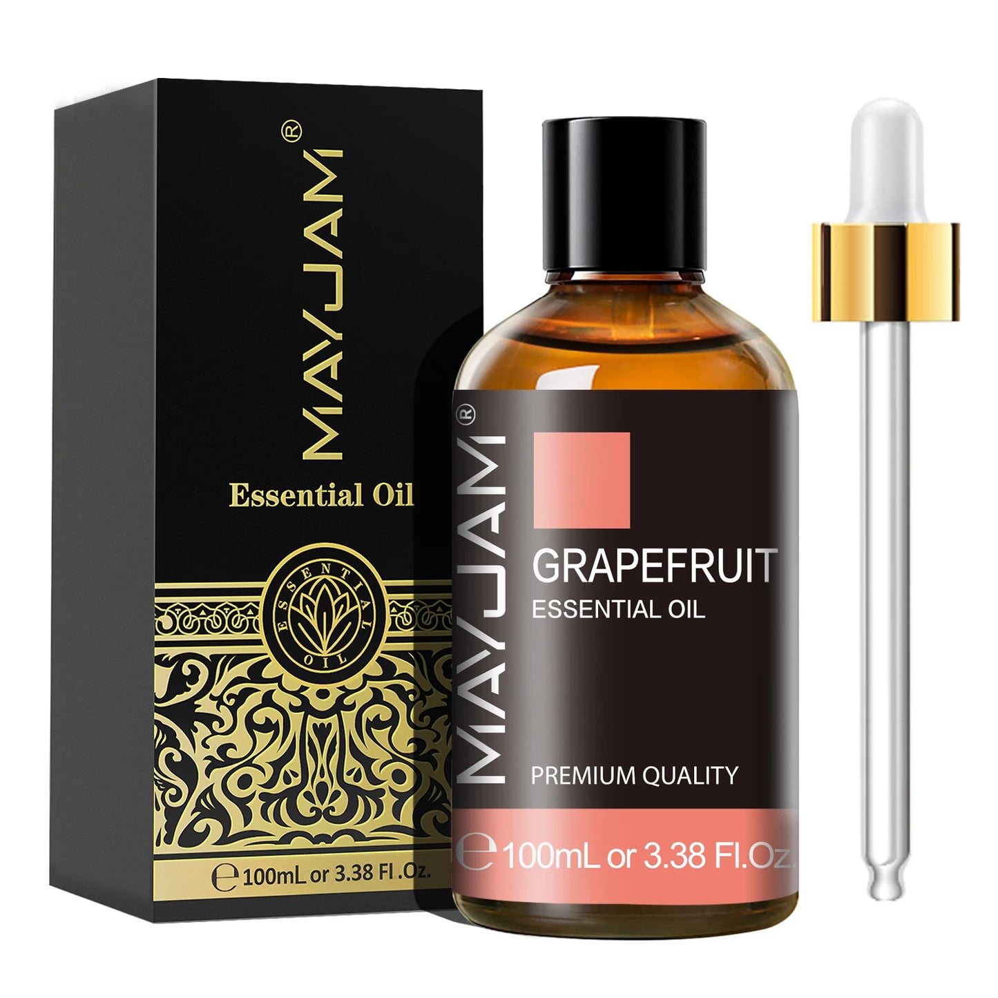 MayJam Grapefruit essential oil bottle with packaging on a white background