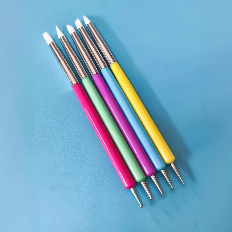 5Pcs 2 Way Nail Art Acrylic Silicone Point Flower Nail Pen Stainless Steel Dotting Tools Marbleizing Painting Pens Peaceful Pleasures Health and Wellness