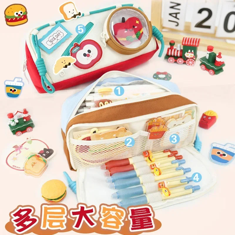 Cute Canvas Pen Bags Multi-layers Large Capacity Good-looking Pencil Cases Ins Style School Stationery Supplies Gift For Kids Peaceful Pleasures Health and Wellness