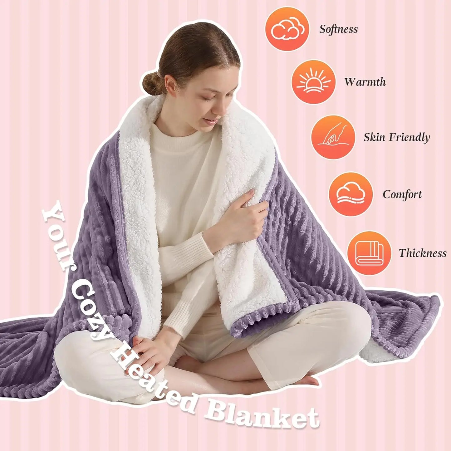 Twin Electric Blanket – Flannel & Sherpa Fleece, 5 Levels, Fast Heat, Purple Peaceful Pleasures Health and Wellness