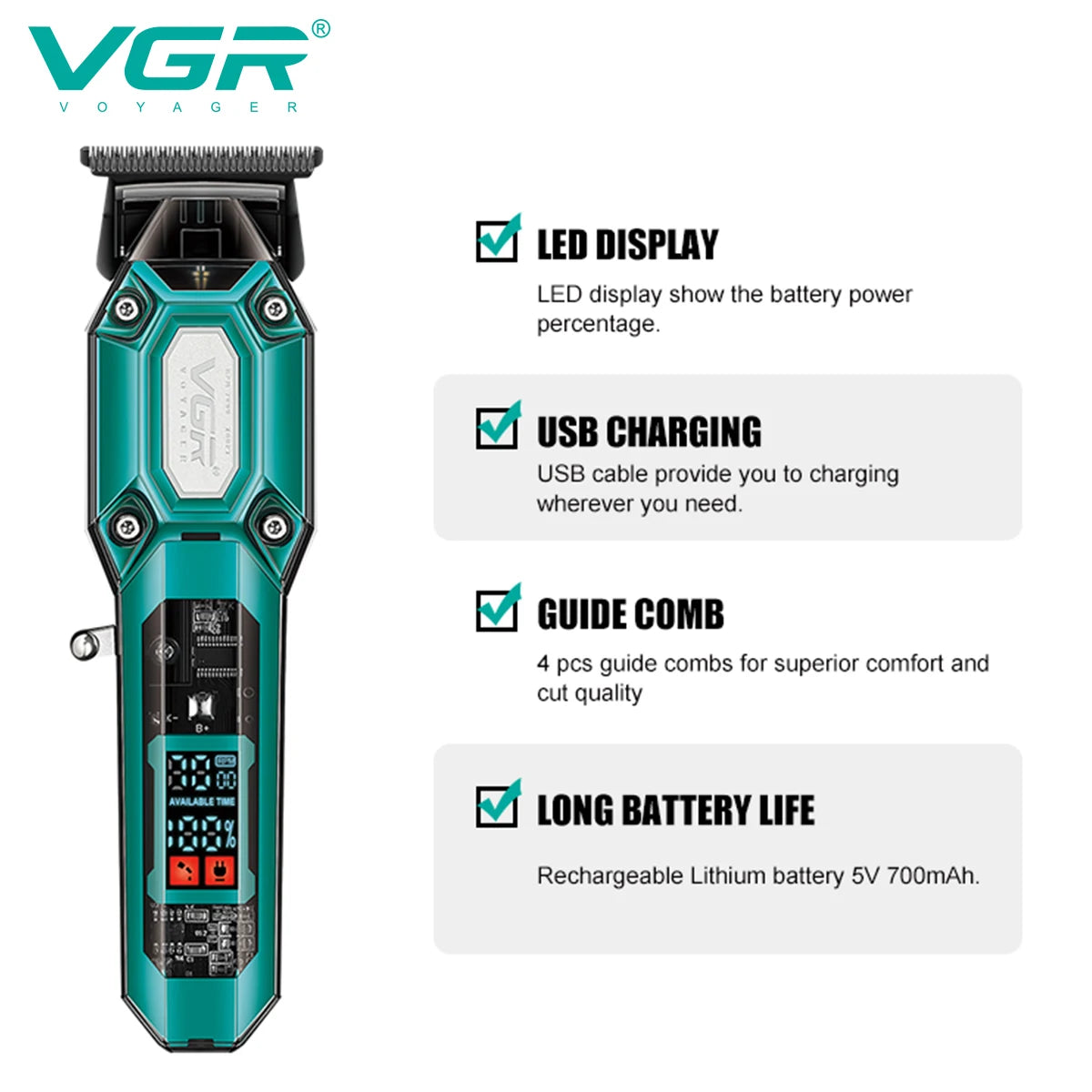 VGR V-600/V-900 Electric Hair Clipper Transparent Body Hair Trimmer LED Intelligent Digital Carving Electric Thruster Care Set Peaceful Pleasures Health and Wellness