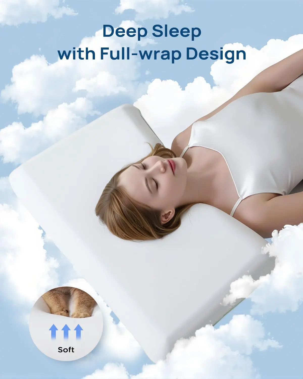 Woman lying on a deep sleep pillow with a cloud background