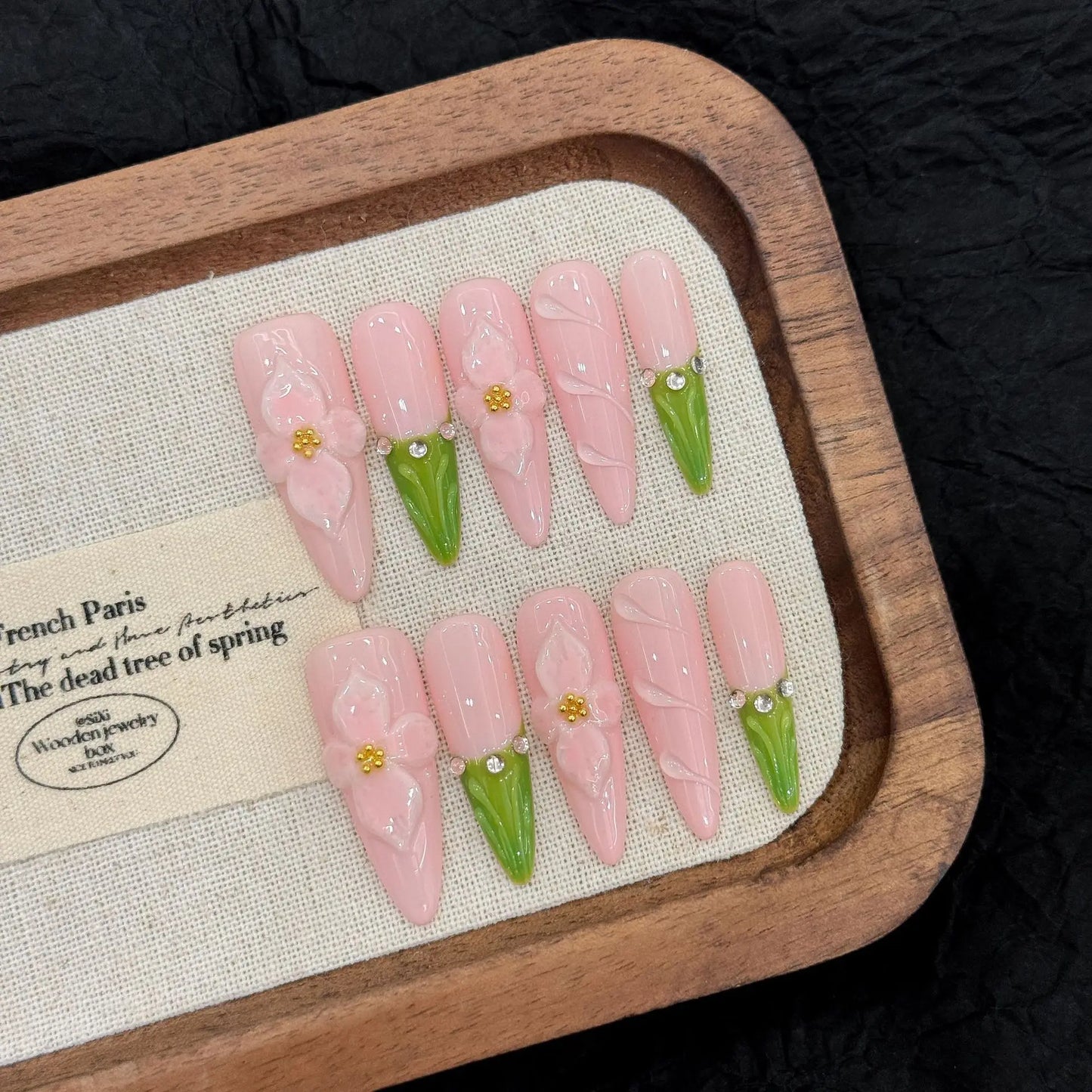 10pcs Handmade Summer Press on Nails Sweet Pink Long Almond False Nails Wearable Ins 3d Carved Flower French False Nail Tips Peaceful Pleasures Health and Wellness L