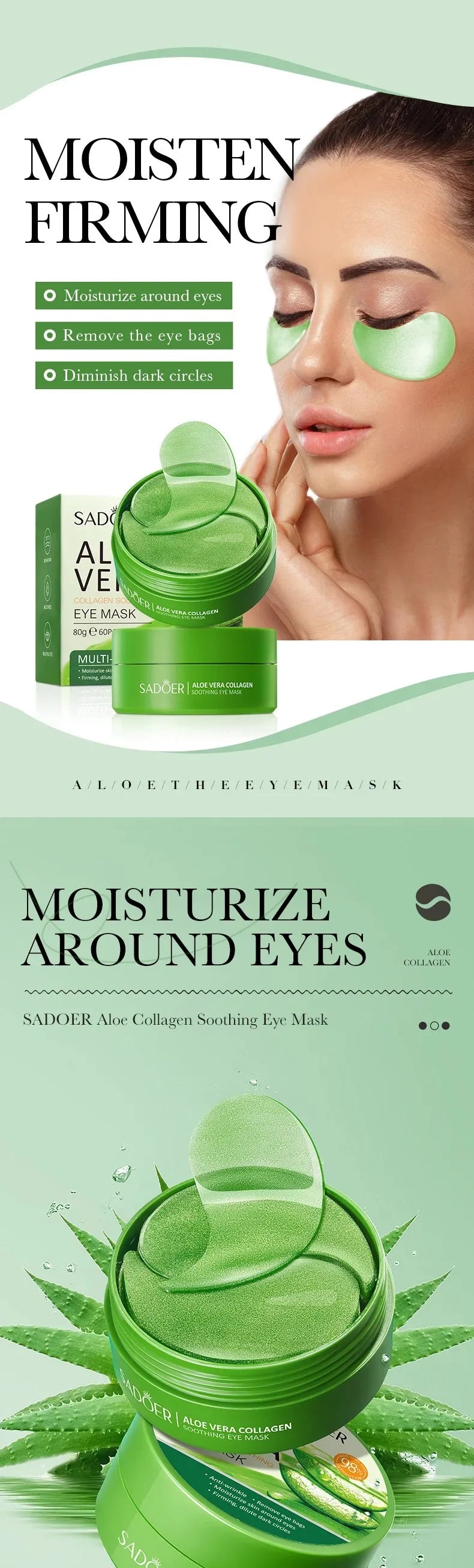 60pcs Aloe Vera Collagen Eye Mask Anti Dark Circles Eyes Bags Moisturizing Anti-Wrinkles Eye Patches Eyes Skin Care Products Peaceful Pleasures Health and Wellness