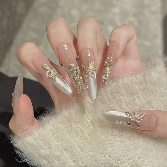 Handmade French Cat Eye Press on Nails Glitter Champagne Crystal Butterfly False Nails 3d Rhinestone Snake New Year Fake Nails Peaceful Pleasures Health and Wellness XS