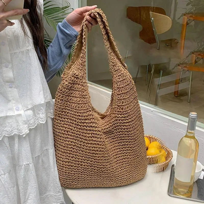 2025 New Style Woven Bag Women's Fashionable and Versatile Summer Beach Bag Large Capacity Woven Handbag Shoulder Bag Peaceful Pleasures Health and Wellness